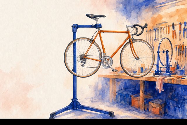 A bicycle in a repair stand, in watercolor.