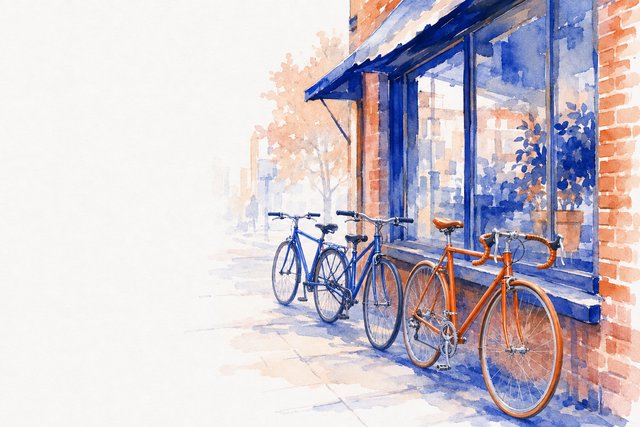 Bicycles lined up outside a brick storefront, in watercolor.