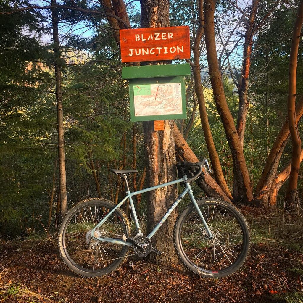A bike leaning on a madrone tree under a trail sign in Jacksonville Forest Park.