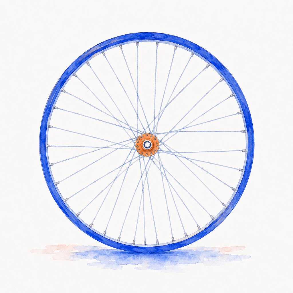 A hand-built bicycle wheel with a blue rim and orange hub, painted in watercolor.