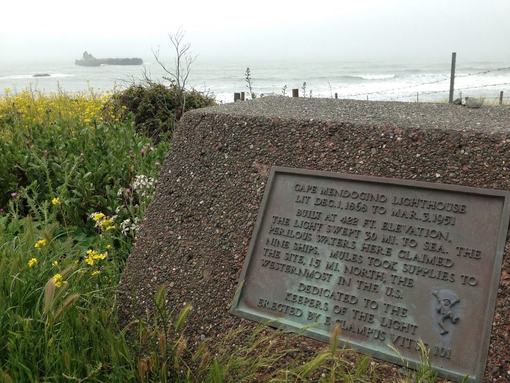 Former site of Cape Mendocino Lighthouse with Steamboat Rock visible in the background.