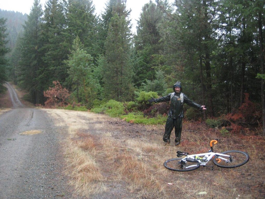 Aaron demonstrates proper raingear form while expressing disappointment about the storm's lack of severity.