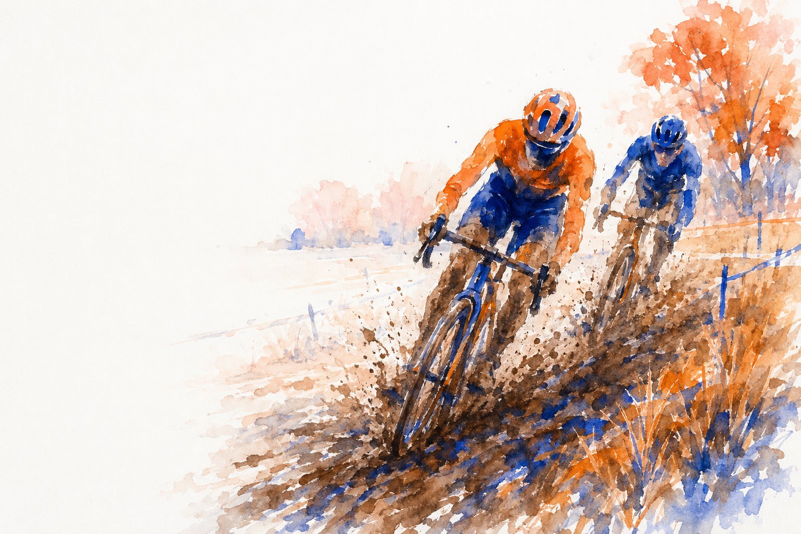 Cyclocross racers cornering through mud in an autumn field.