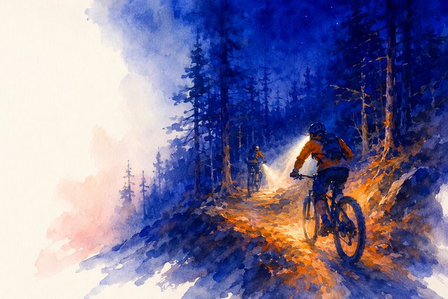 Night riders with headlights on a forest trail, in watercolor.