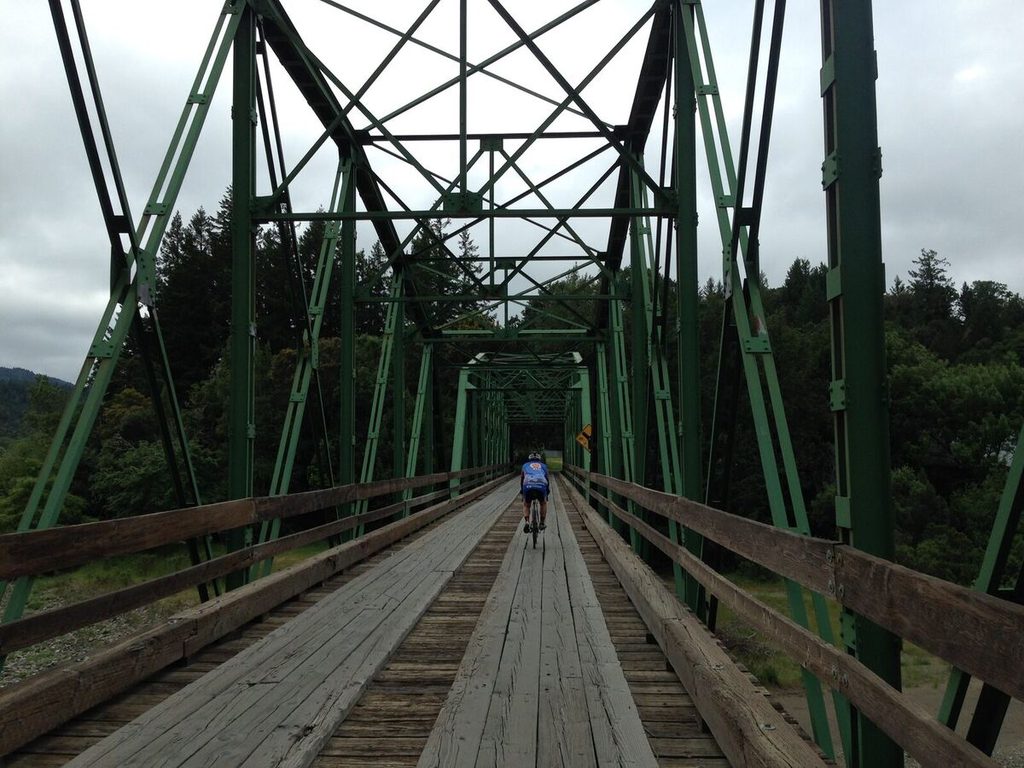 Dan crossing the Honeydew Bridge over the Mattole River.