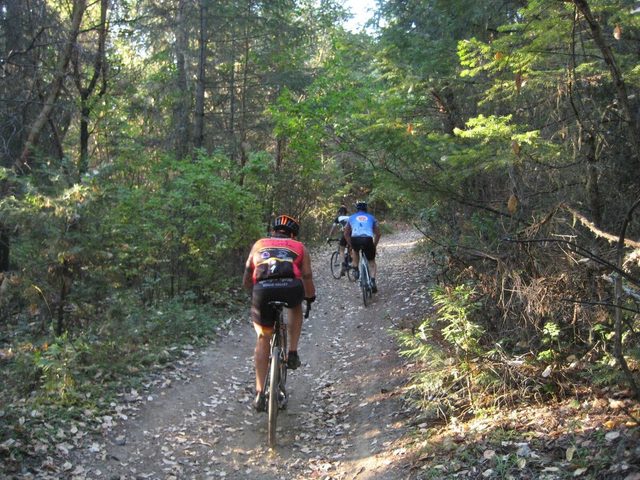 Riders climb a rocky dirt road through the forest on John's Peak.